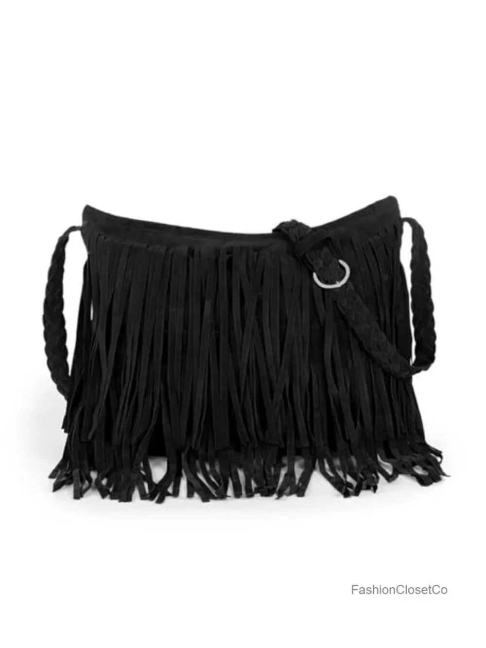 Large Tassels Fringe Crossbody Hobo Bag with Woven Shoulder Strap